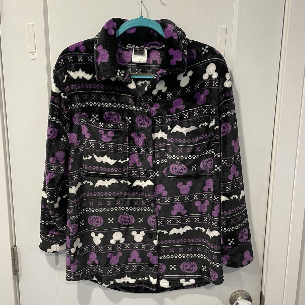 Disney Mickey Mouse Halloween Black Purple Fleece Jacket Size Medium Button Up